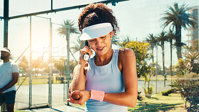 Buy stock photo Sports, elbow pain and woman on tennis court with injury, medical crisis and accident outdoors. Fitness, health and girl with ache, strain and hurt from training, workout and exercise for padel game