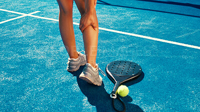 Buy stock photo Legs, athlete and person with injury, sports and medical emergency of joint pain, hands and swollen. Outdoor, broken and training for padel tennis, tension and massaging muscle for inflammation