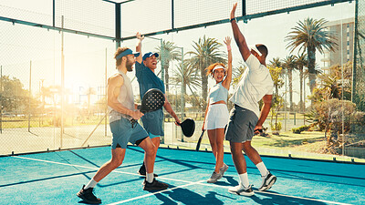 Buy stock photo Happy people, tennis and high five with team in celebration for good game, match or well played. Excited, padel group or friends with smile in unity for winning, victory or sport together on court
