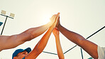 People, hands and high five with teamwork for sport, huddle or motivation together on outdoor court. Closeup, group or players with touch, synergy or unity in fitness for game, match or mission