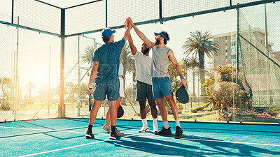 Buy stock photo People, tennis and group with high five for sport, game or match together on outdoor court. Padel team, friends or athletic players with touch in unity for fitness, fun sportsmanship or solidarity