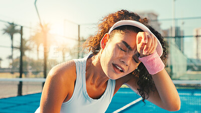 Buy stock photo Tennis, tired and woman with fatigue, outdoor and competition with break, contest and sweating. Person, wellness and athlete with fitness, game and exhausted with training, resting and breathing