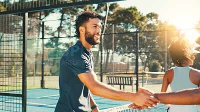 Buy stock photo Handshake, trainer and tennis with men, fitness and support with competition, contest and training. People, athlete and healthy players with practice, shaking hands and sports with teamwork for game