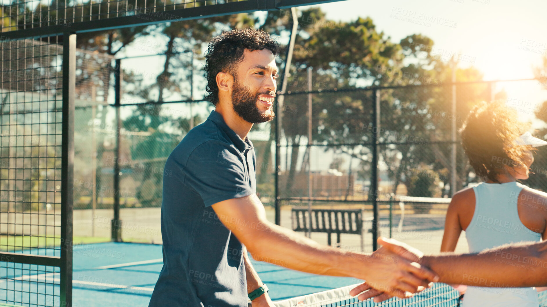 Buy stock photo Handshake, trainer and tennis with men, fitness and support with competition, contest and training. People, athlete and healthy players with practice, shaking hands and sports with teamwork for game
