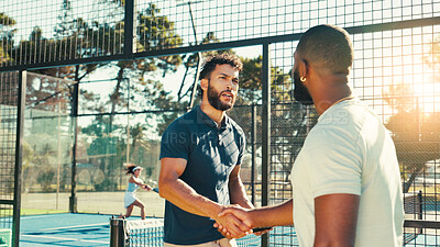 Buy stock photo Handshake, coach and tennis with men, fitness and support with competition, contest and practice. Intro, athlete and healthy players with congrats, shaking hands and sports with teamwork for game