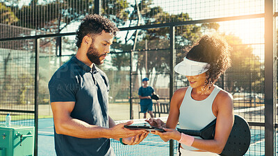 Buy stock photo Man, woman and together at tennis court with tablet for sign up with coach, lessons or fitness in summer. People, sports manager and digital touchscreen for recruitment, app and training at club