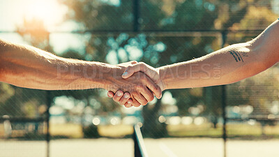 Buy stock photo People, handshake and meeting with tennis court for sports competition, match or outdoor game. Closeup, team or shaking hands with net for start, sportsmanship or introduction together on playground