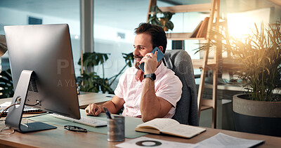 Buy stock photo Phone call, computer and business man in office for virtual meeting, online discussion and communication. Professional, web designer and person on smartphone for conversation, talking and networking