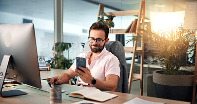 Buy stock photo Computer, planning and phone with business man at desk for investment or portfolio management. Agenda, communication and finance with happy stock market broker in workplace for strategy development