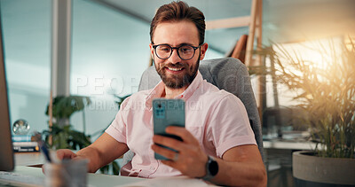Buy stock photo Office, phone and smile with business man at desk for investment or portfolio management. Communication, finance and schedule with happy stock market broker at computer for strategy development