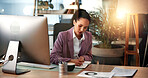 Computer, finance and writing with business woman at desk for investment or portfolio management. Agenda, notebook and planning with stock market broker in workplace for strategy development