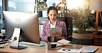 Online, computer and business woman on tablet for online project, proposal and website research. Office, financial consultant and person on digital tech for planning budget, report and analysis