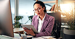 Reading, computer and woman on tablet in office for online project, proposal and website research. Business, financial consultant and person on digital tech for planning budget, report and email