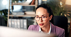 Computer, glasses and reading with business woman at desk for investment or portfolio management. Agenda, finance and information with stock market broker in workplace for strategy development
