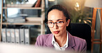 Computer, information and reading with business woman at desk for investment or portfolio management. Agenda, finance and glasses with stock market broker in workplace for strategy development