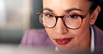 Workplace, glasses or woman on computer reading for financial project, online review or economy website. News, finance consultant and accountant on technology for planning budget, report or business