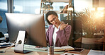 Woman, neck pain and computer with injury for bad posture, overworked or stress at office desk. Female person, employee or ache with sore shoulders or inflammation for muscle tension at workplace