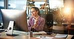 Woman, wrist injury and computer in office for business, carpal tunnel and stress for discomfort. Accountant, tech and joint pain in agency with overworked tendon, burnout and massage for relief