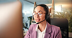 Happy woman, agent or talking with headset at call center for communication, online advice or help. Female person, consultant or employee speaking with mic on technology for virtual assistance or CRM