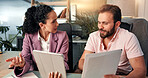 Documents, tablet and business people in office for project, planning and collaboration. Professional, teamwork and man and woman meeting with digital tech for online report, research and website