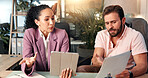 Meeting, tablet and business people in office for project and planning, discussion and collaboration. Professional, laptop and man and woman on digital tech for online report, research and website