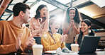 Excited people, team or meeting with applause on laptop for winning, promotion or good news at office. Happy, creative group or designers clapping with technology for project achievement at workplace