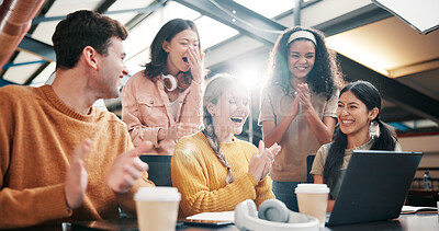 Buy stock photo Excited people, laptop and team in meeting with applause for winning, promotion or good news at office. Happy, creative group or designer clapping with technology for project achievement at workplace