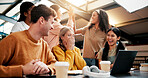 Students, people and laptop with celebration, university and email with test results. Success, college and friends in library, tech and high five with scholarship, funding approval and exam report