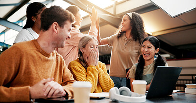 Buy stock photo Students, people and laptop with celebration, university and email with test results. Success, college and friends in library, tech and high five with scholarship, funding approval and exam report