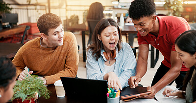 Buy stock photo Students, tablet and group learning in university for education, surprise or shock for answer. Laptop, happy people and friends in college for creative research project, studying or exam discussion