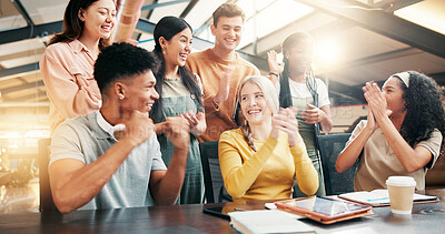 Buy stock photo Happy people, team and meeting with applause on tablet for winning, promotion or good news at office. Excited, creative group or designers clapping with smile for project achievement at workplace