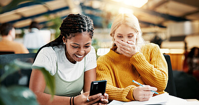 Buy stock photo Smile, people and friends with phone in library for social media, university gossip and good news. Surprise, students and mobile for education schedule, learning website and online rumor of knowledge
