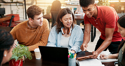 Buy stock photo Students, tablet and team learning in library for education, help or brainstorming in college. Laptop, happy people and group in university for creative research project, studying or exam discussion