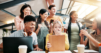 Buy stock photo Students, friends and tablet with celebration, university and email with test results. Group, college and people in library, technology and excited with scholarship, funding approval and exam report