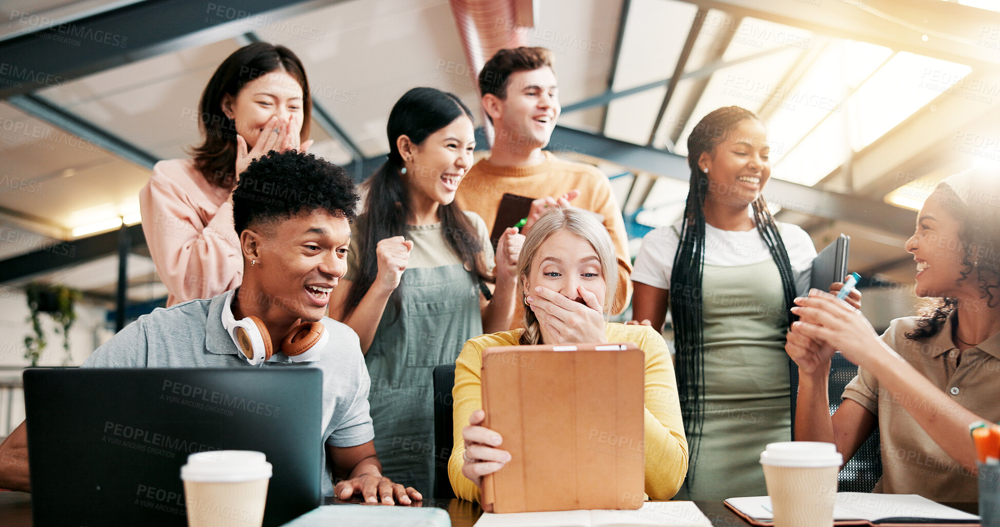 Buy stock photo Students, friends and tablet with celebration, university and email with test results. Group, college and people in library, technology and excited with scholarship, funding approval and exam report