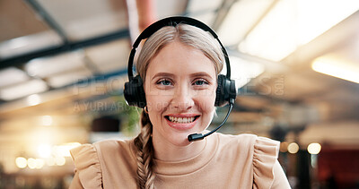 Buy stock photo Happy woman, portrait and consultant with headset at call center for online communication or advice. Face, female person or friendly agent with smile in POV for CRM or customer service at workplace