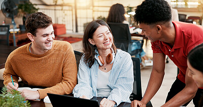 Buy stock photo Students, laptop and group studying in university with question, help and education. Computer, happy people and friends in college together for creative research project, learning or exam discussion