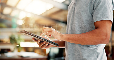 Buy stock photo Scroll, college and hands of student with tablet for online research, website and internet course. University, library and person on digital tech for education, learning and knowledge at campus