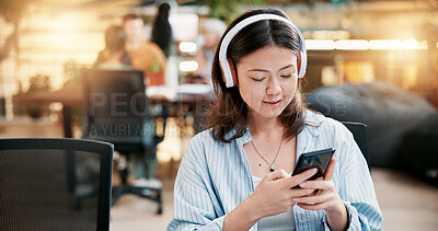 Buy stock photo University, smartphone and woman in library, headphones and social media with communication. Streaming music, student or person with headset, cellphone or education with digital app for radio or song
