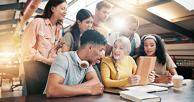 Buy stock photo Students, friends or tablet with surprise, education or university website with test results. Good news, college pr people in library, tech or exam report with scholarship, shock or email for funding