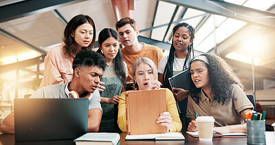 Buy stock photo Group, shocked or students on tablet in library for education results or university application. Wow, surprise and people in school for enrolment news, scholarship feedback and approval notification