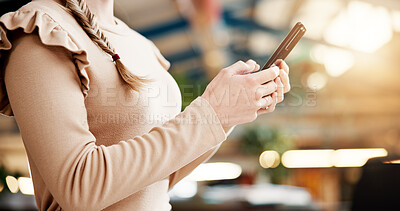 Buy stock photo Education, hands and student with smartphone, college and studying on website, online and classroom. Digital, learning and person with mobile for knowledge, typing and plan for project in university