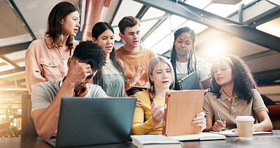 Buy stock photo Reading, students and group with tech, university and disappointed by results on email or laptop. Education, sad and review of failed assignment, people and tablet with feedback on website in college