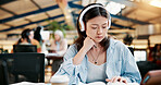 College, headphones or woman in library reading book, project or course for assignment information. Knowledge, learning or girl studying with education for exam, academy research or university test