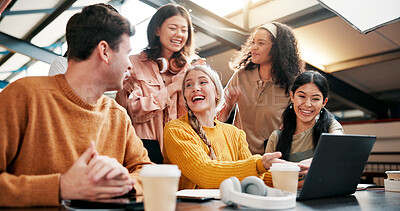 Buy stock photo Students, group and laptop with celebration, university or college website with test results. Friends, feedback or people in library, tech or success with scholarship, funding approval or exam report