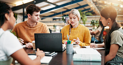 Buy stock photo Team, college and book in library for education, learning and students brainstorming for thesis. Laptop, people and group in university for creative research project, writing notes or study for exam