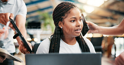 Buy stock photo Frustrated woman, multitasking or phone call with project deadline or demanding employees at office. Female person, chaos or overworked with stress, anxiety or overwhelmed tasks for workload pressure