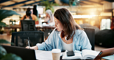 Buy stock photo University, education and woman writing notes for assignment, research project and thesis in library. Book, college and serious student study for exam, learning and test preparation for scholarship