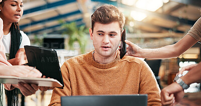 Buy stock photo Businessman, multitasking and phone call with pressure at office for overworked day or overwhelmed tasks. Man, chaos or project deadline with demanding employees for stress or workload at workplace