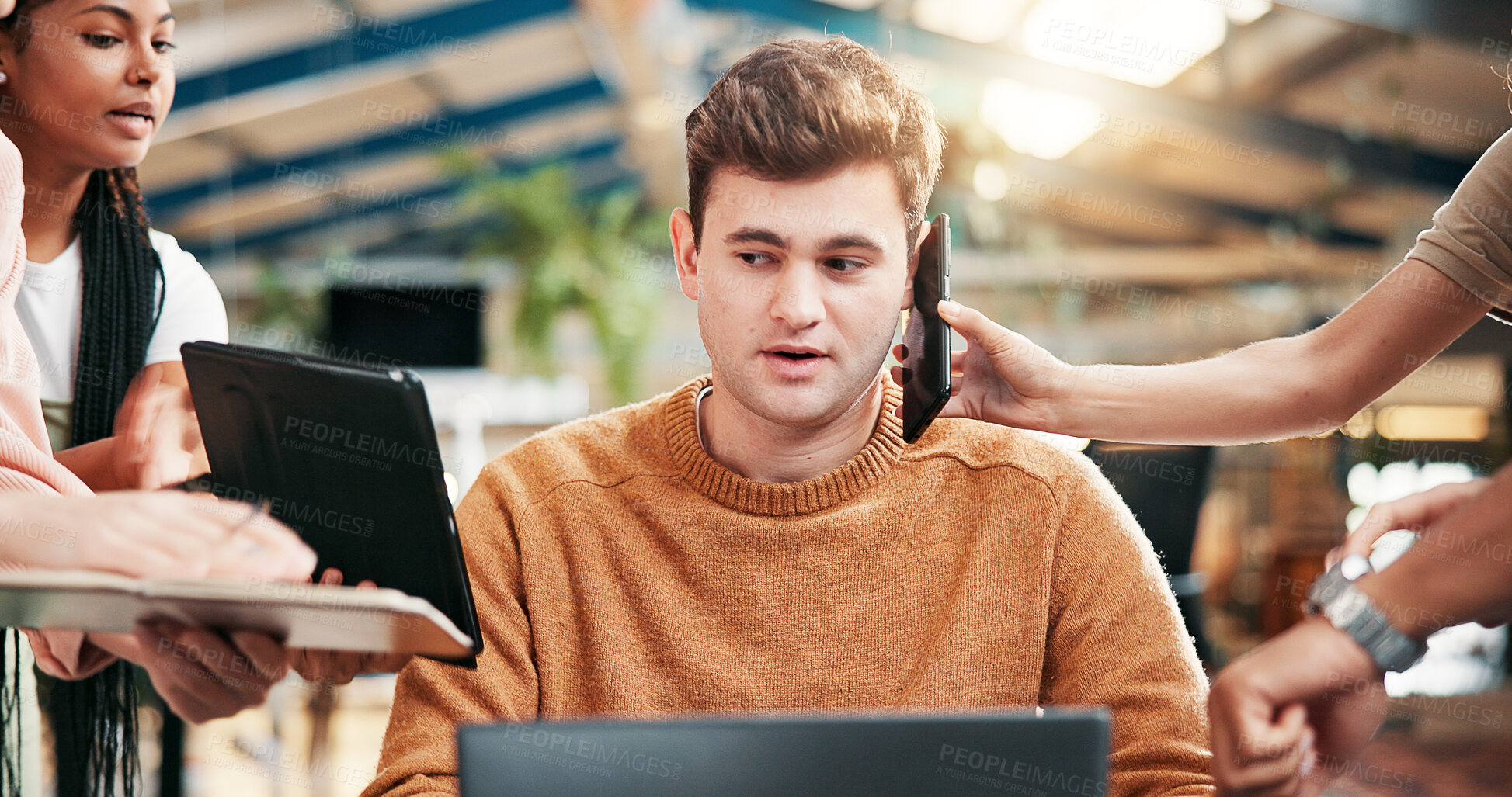 Buy stock photo Businessman, multitasking and phone call with pressure at office for overworked day or overwhelmed tasks. Man, chaos or project deadline with demanding employees for stress or workload at workplace
